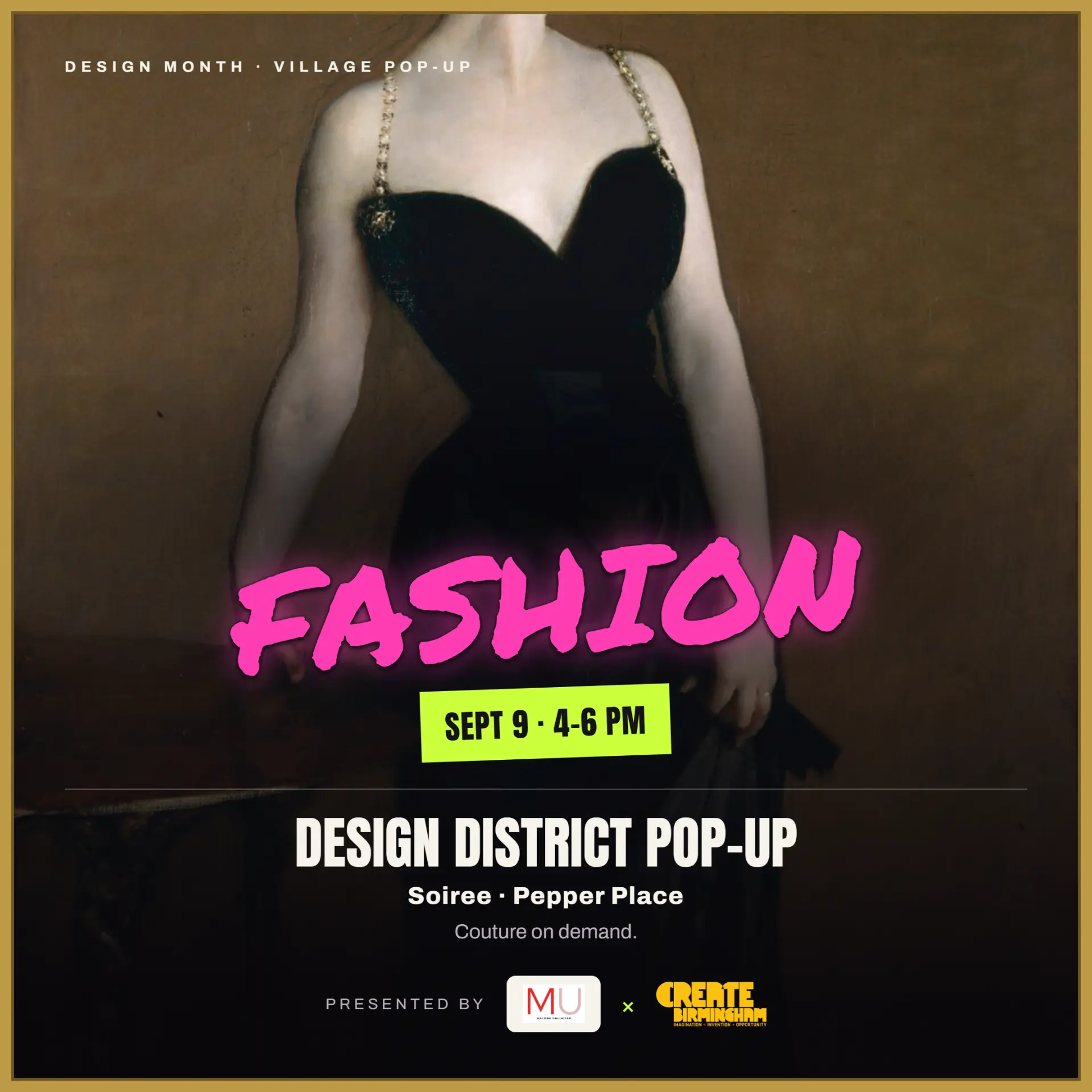 Design Month Fashion pop-up flyer — Soiree, Pepper Place, Sept 9, 4-6 PM