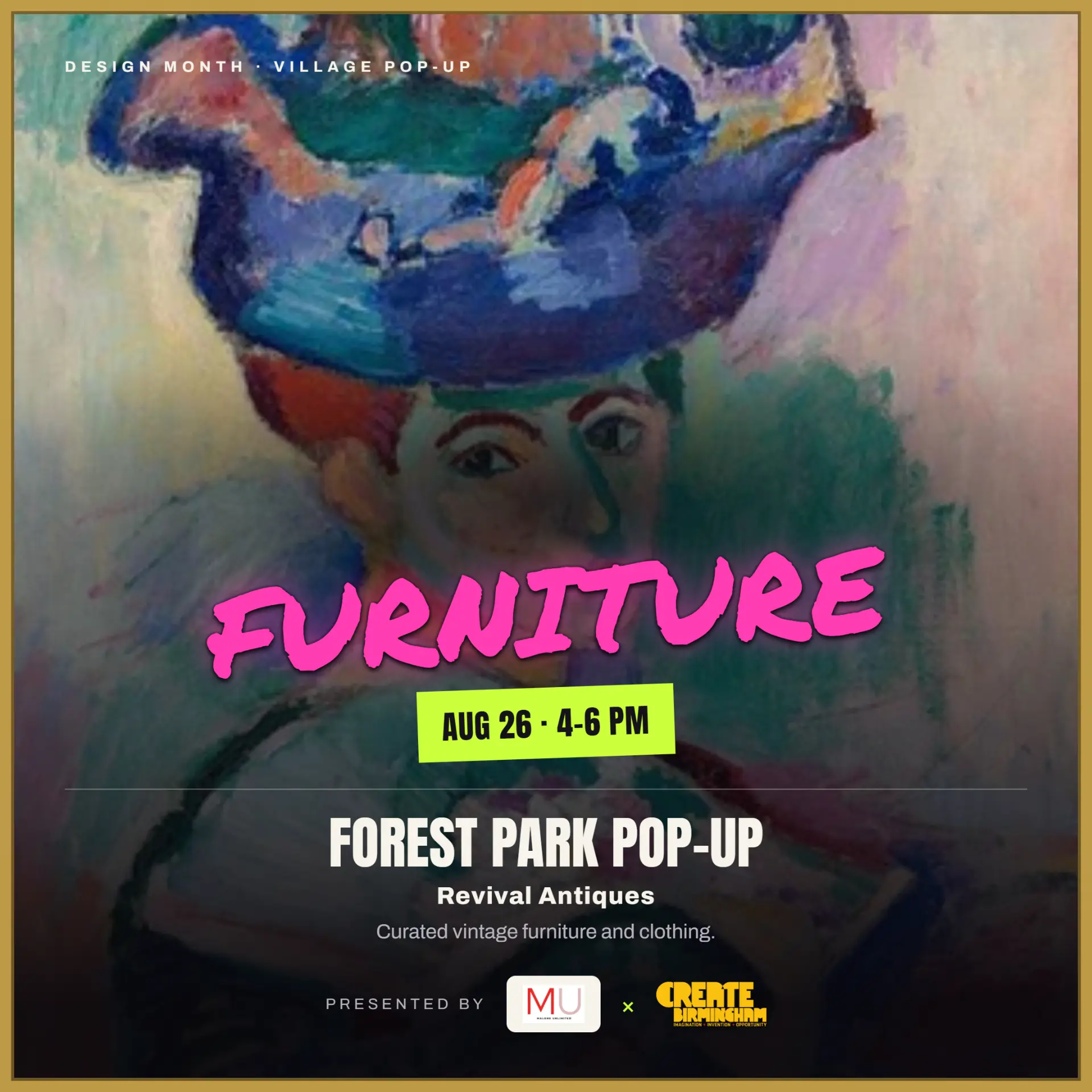 Design Month Furniture pop-up flyer — Forest Park, Revival Antiques, Aug 26, 4-6 PM